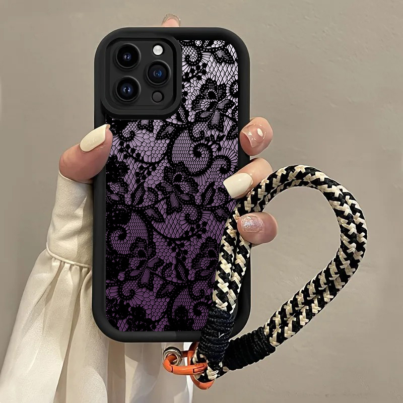 Matte Pc Case - Zwarte paarse kant hangriem telefoonhoesje voor